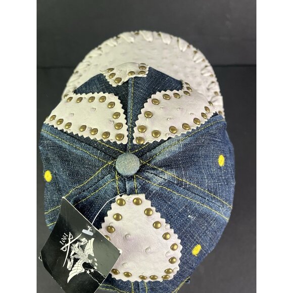 NEW Denim & White Ball Cap Hat Imitation Ostrich Skin Studs Adjustable Strap - Picture 6 of 8